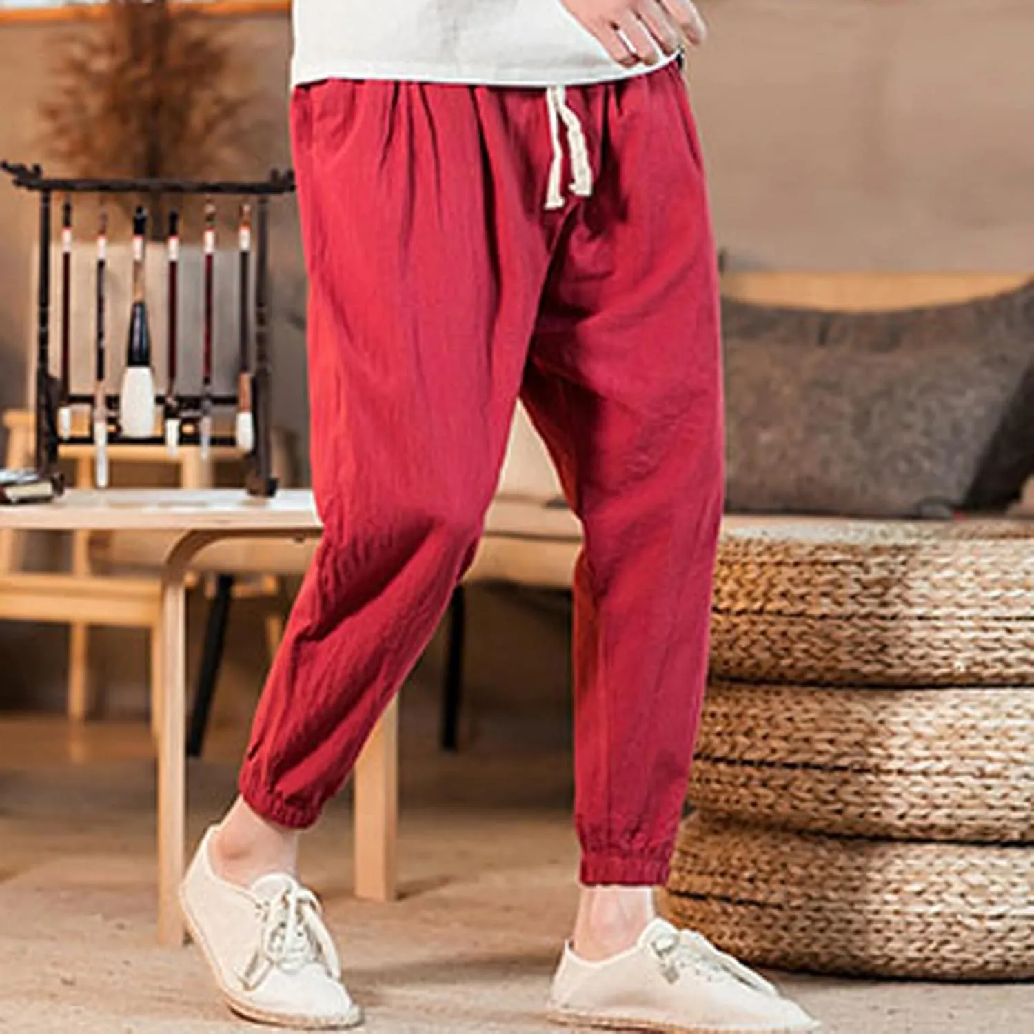 Mens Classic Casual Pants Workout Athletic Pants Parachute Tapered Cotton Linen Sweatpants Hiking Jogger Fashion Pant
