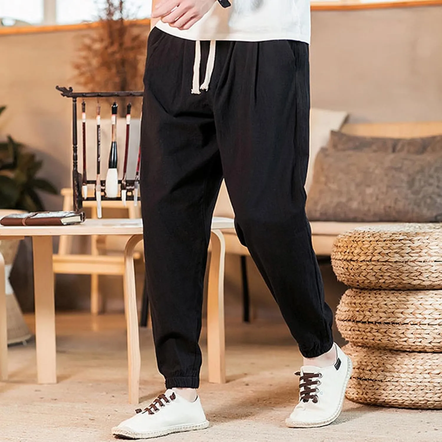 Mens Classic Casual Pants Workout Athletic Pants Parachute Tapered Cotton Linen Sweatpants Hiking Jogger Fashion Pant