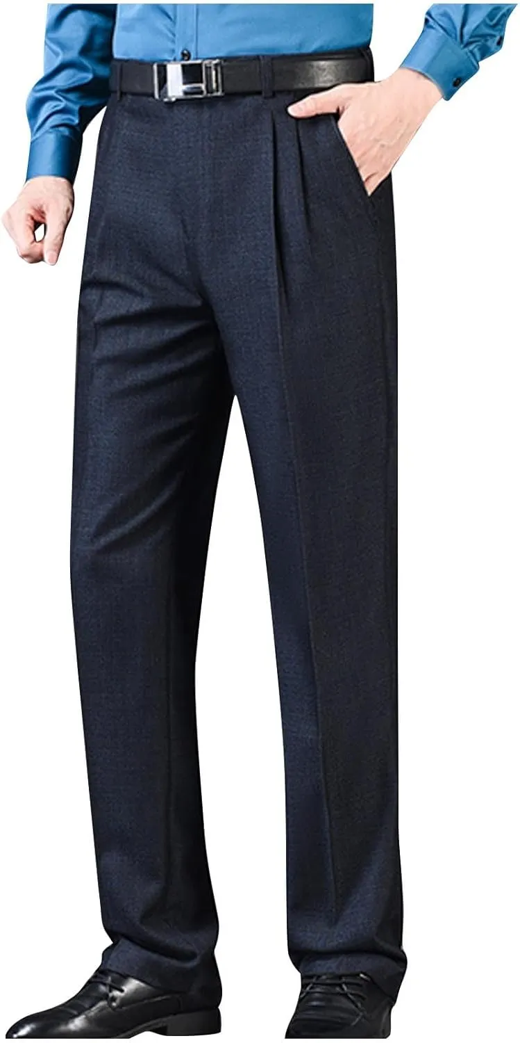 Mens Classic Fit Dress Pants Flat Front Straight Leg Formal Wrinkle Free Expandable Waist Casual Business Suit Pants