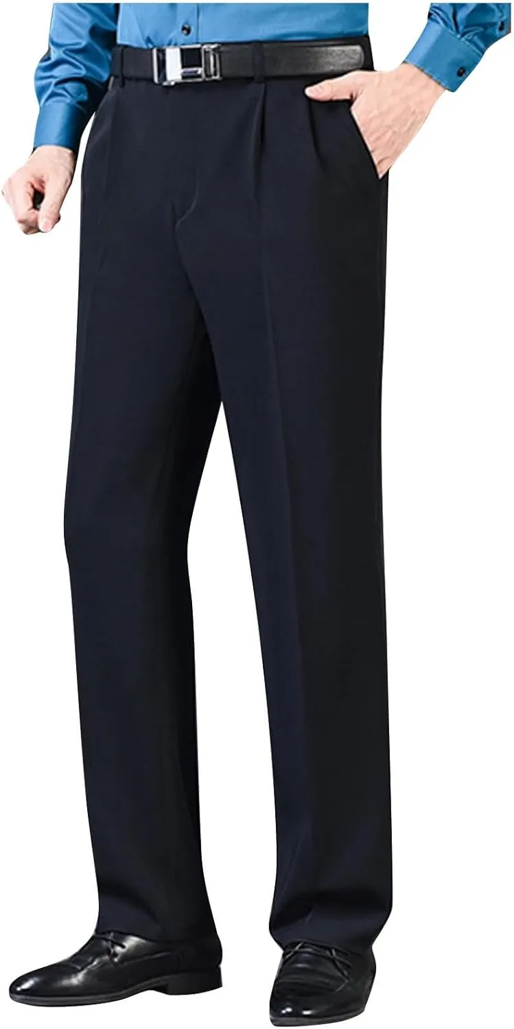Mens Classic Fit Dress Pants Flat Front Straight Leg Formal Wrinkle Free Expandable Waist Casual Business Suit Pants