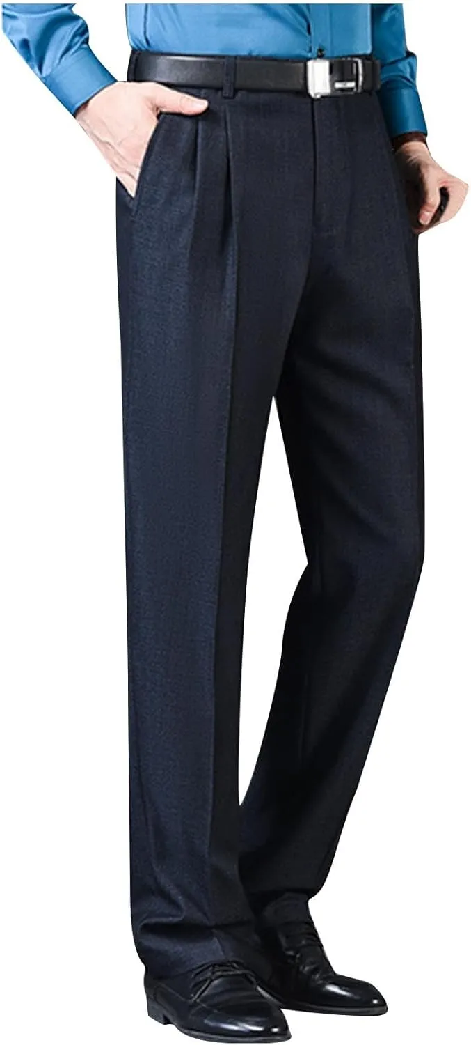 Mens Classic Fit Dress Pants Flat Front Straight Leg Formal Wrinkle Free Expandable Waist Casual Business Suit Pants