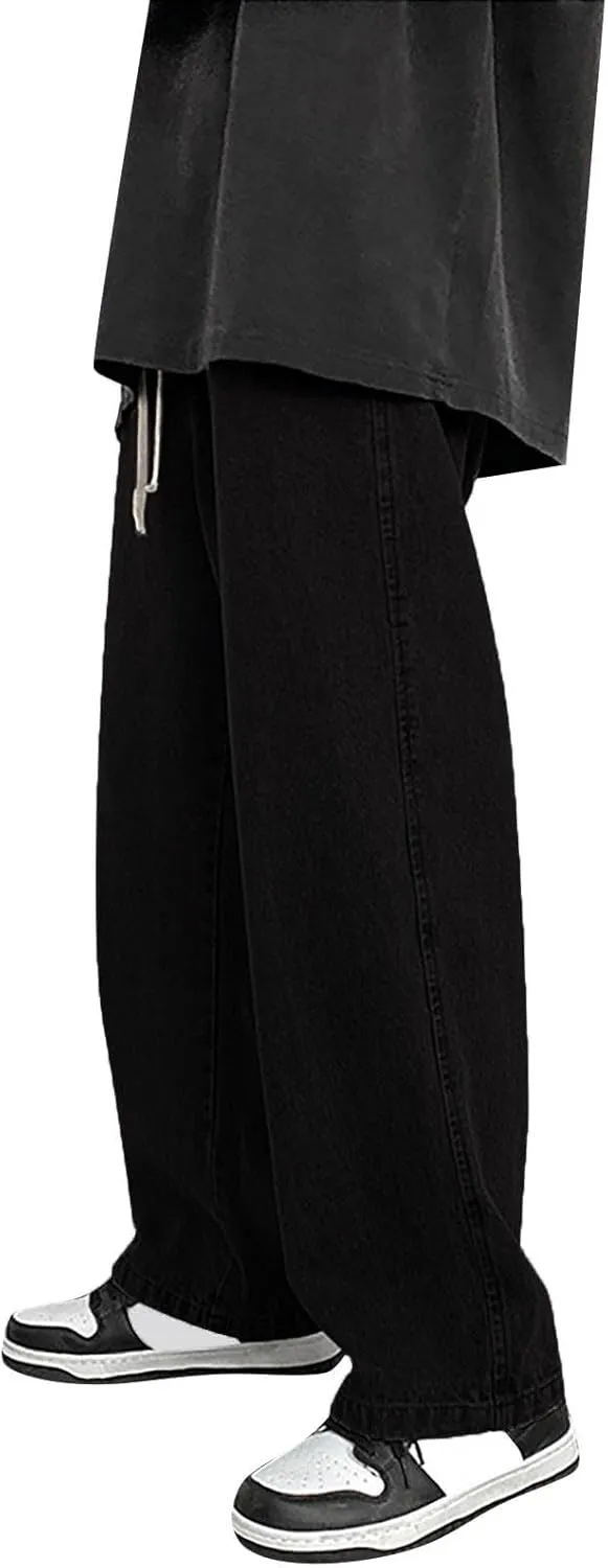 Men's Classic Regular Fit Jeans, Vintage Straight Wide Leg Denim Pants with Pockets Baggy Trousers Streetwear