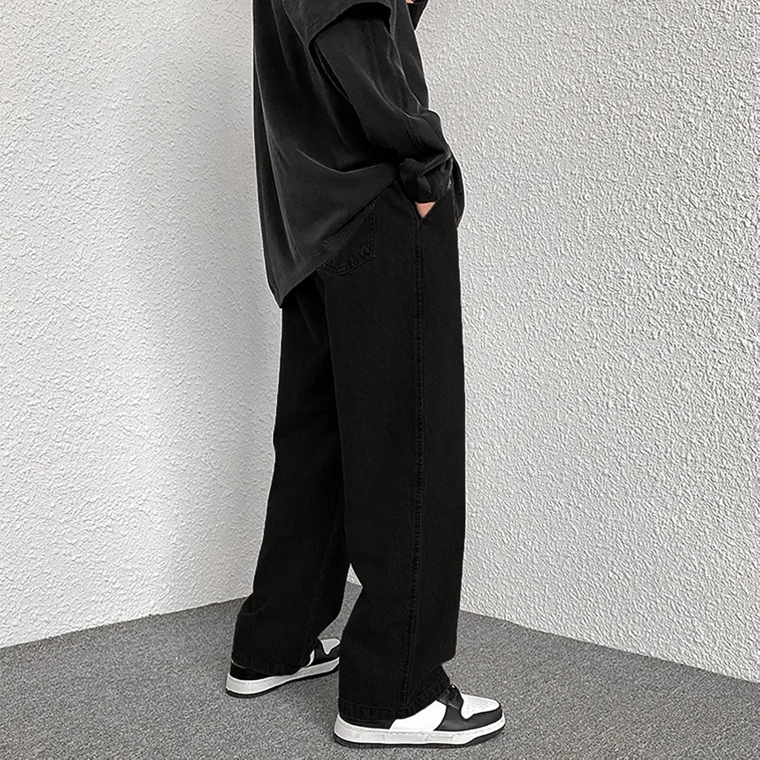 Men's Classic Regular Fit Jeans, Vintage Straight Wide Leg Denim Pants with Pockets Baggy Trousers Streetwear