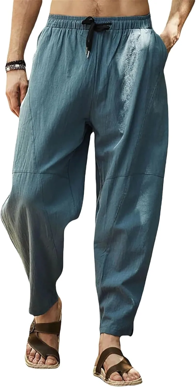 Men's Cotton Linen Casual Hip-Hop Pants Elastic Waist Drawstring Lightweight Pans Loose Fit Summer Beach Yoga Trousers