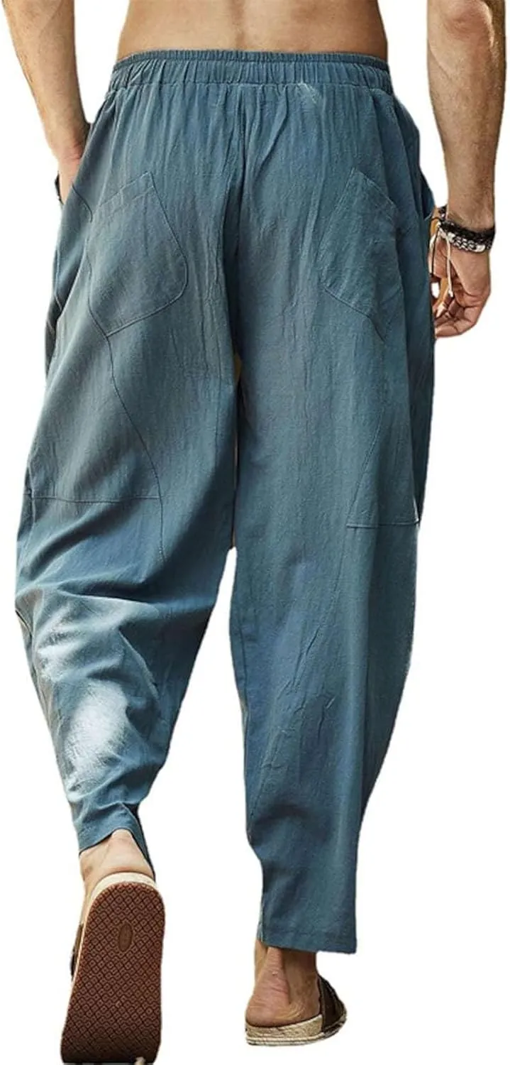 Men's Cotton Linen Casual Hip-Hop Pants Elastic Waist Drawstring Lightweight Pans Loose Fit Summer Beach Yoga Trousers