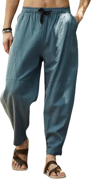 Men's Cotton Linen Casual Hip-Hop Pants Elastic Waist Drawstring Lightweight Pans Loose Fit Summer Beach Yoga Trousers