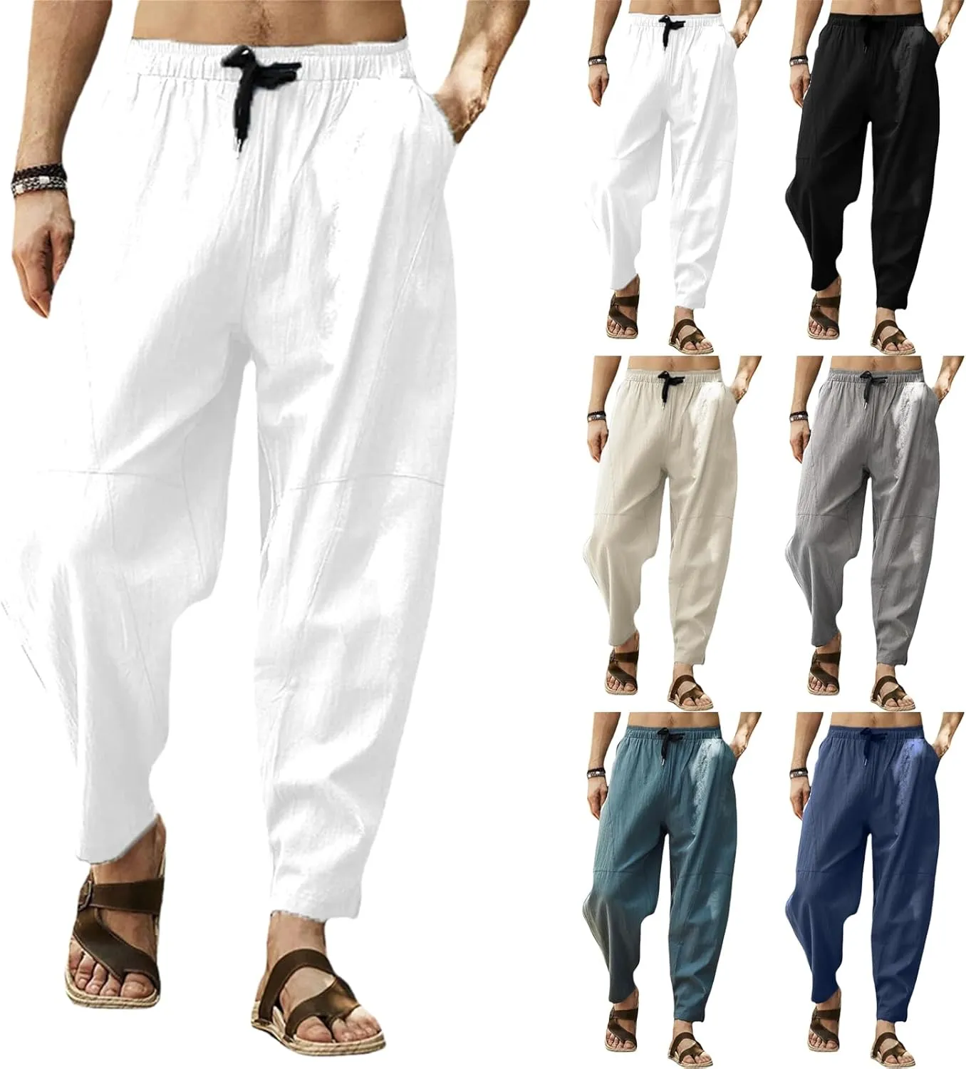 Men's Cotton Linen Casual Hip-Hop Pants Elastic Waist Drawstring Lightweight Pans Loose Fit Summer Beach Yoga Trousers