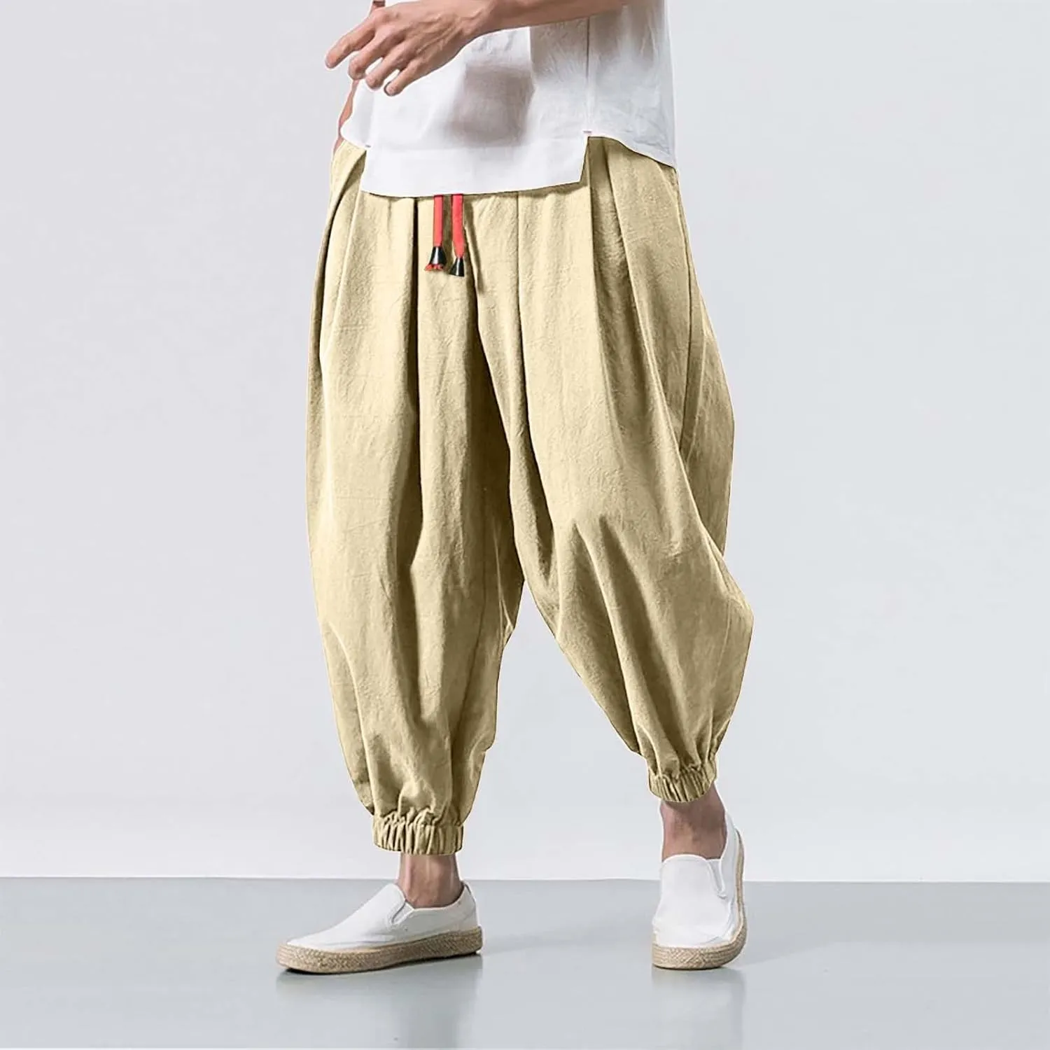 Mens Cotton Linen Harem Pants Drawstring Elastic Waist Casual Beach Yoga Crop Trousers Big and Tall Wide Leg Pant for Men