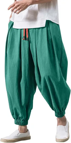 Mens Cotton Linen Harem Pants Drawstring Elastic Waist Casual Beach Yoga Crop Trousers Big and Tall Wide Leg Pant for Men