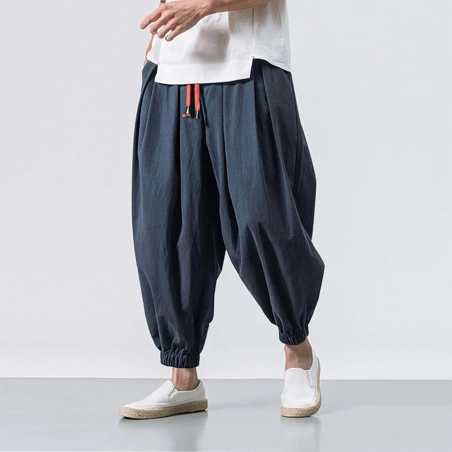 Mens Cotton Linen Harem Pants Drawstring Elastic Waist Casual Beach Yoga Crop Trousers Big and Tall Wide Leg Pant for Men