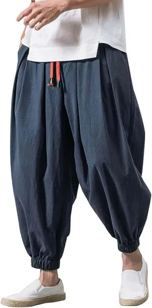 Mens Cotton Linen Harem Pants Drawstring Elastic Waist Casual Beach Yoga Crop Trousers Big and Tall Wide Leg Pant for Men