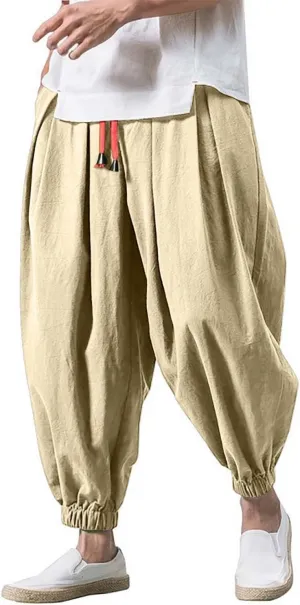 Mens Cotton Linen Harem Pants Drawstring Elastic Waist Casual Beach Yoga Crop Trousers Big and Tall Wide Leg Pant for Men