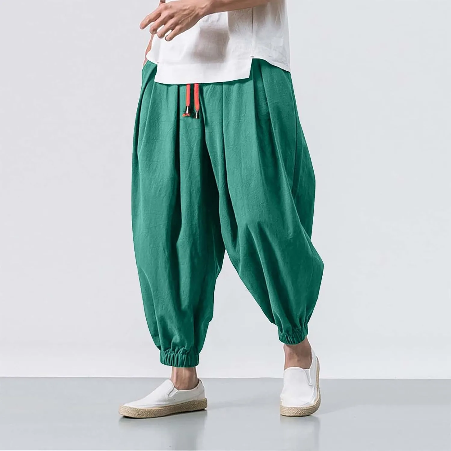 Mens Cotton Linen Harem Pants Drawstring Elastic Waist Casual Beach Yoga Crop Trousers Big and Tall Wide Leg Pant for Men