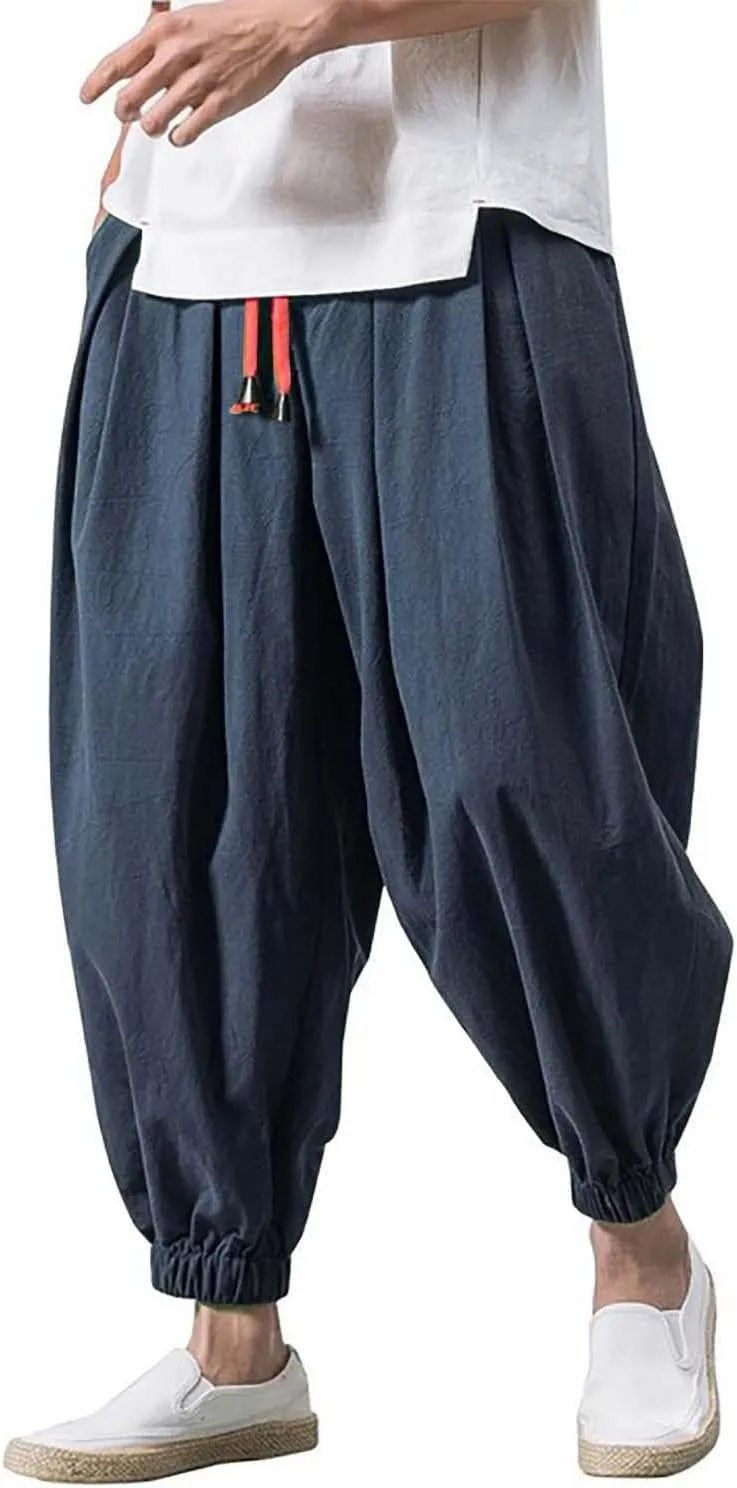Mens Cotton Linen Harem Pants Drawstring Elastic Waist Casual Beach Yoga Crop Trousers Big and Tall Wide Leg Pant for Men
