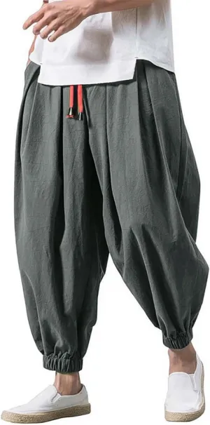 Mens Cotton Linen Harem Pants Drawstring Elastic Waist Casual Beach Yoga Crop Trousers Big and Tall Wide Leg Pant for Men