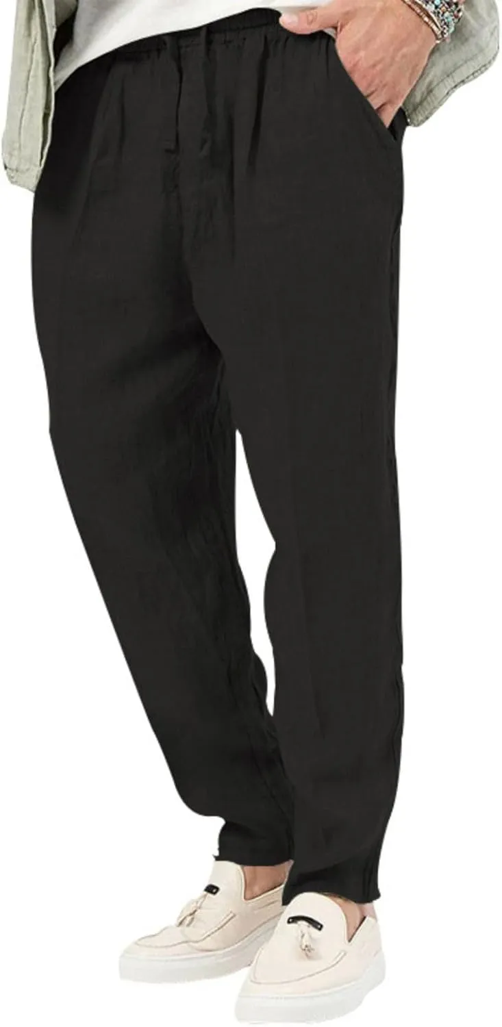 Mens Cotton Linen Pants Drawstring Plus Sizes Casual Classic Lightweight Trendy Solid Pants Outdoor Athletic Trousers