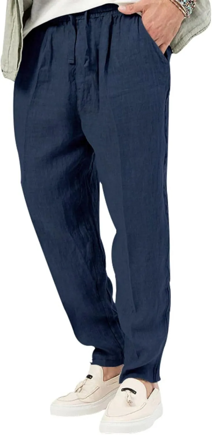 Mens Cotton Linen Pants Drawstring Plus Sizes Casual Classic Lightweight Trendy Solid Pants Outdoor Athletic Trousers