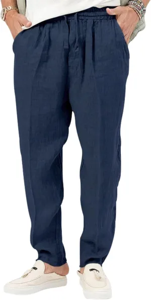 Mens Cotton Linen Pants Drawstring Plus Sizes Casual Classic Lightweight Trendy Solid Pants Outdoor Athletic Trousers