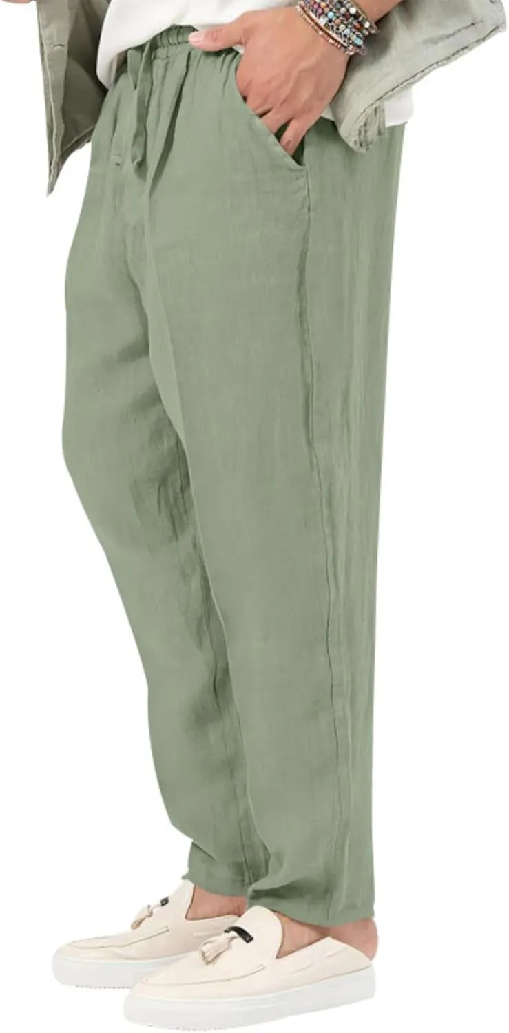 Mens Cotton Linen Pants Drawstring Plus Sizes Casual Classic Lightweight Trendy Solid Pants Outdoor Athletic Trousers