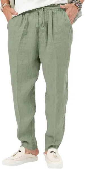 Mens Cotton Linen Pants Drawstring Plus Sizes Casual Classic Lightweight Trendy Solid Pants Outdoor Athletic Trousers