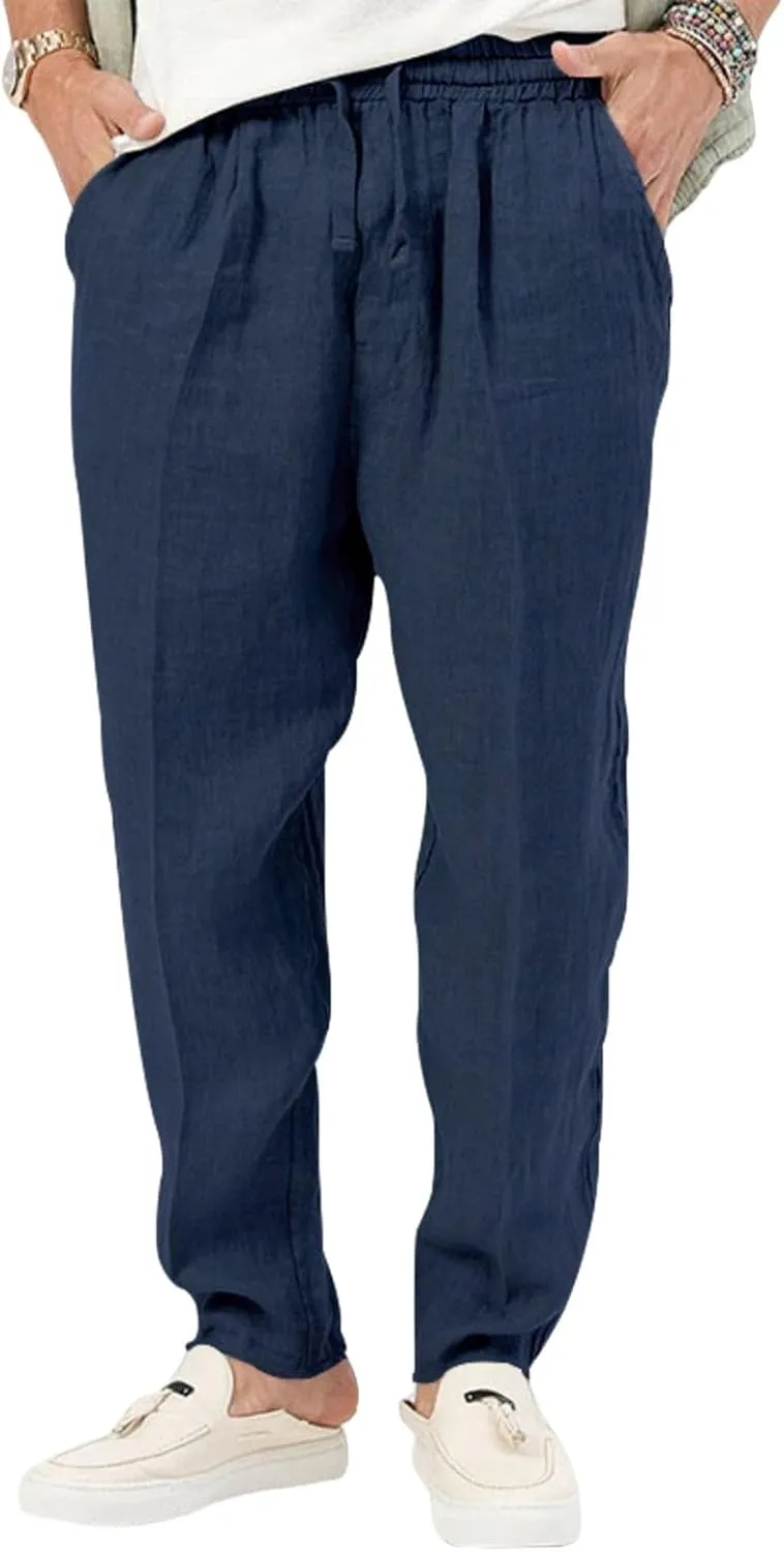 Mens Cotton Linen Pants Drawstring Plus Sizes Casual Classic Lightweight Trendy Solid Pants Outdoor Athletic Trousers