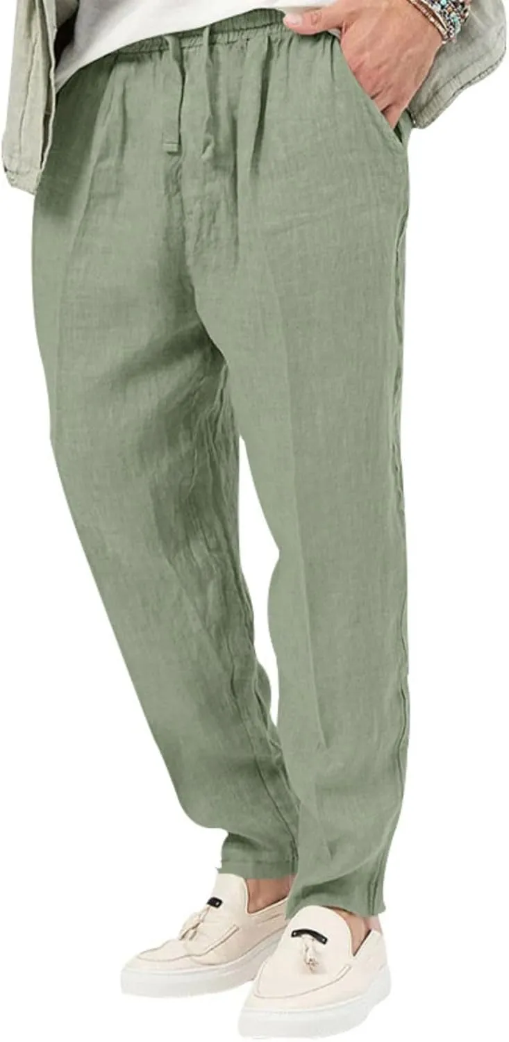 Mens Cotton Linen Pants Drawstring Plus Sizes Casual Classic Lightweight Trendy Solid Pants Outdoor Athletic Trousers