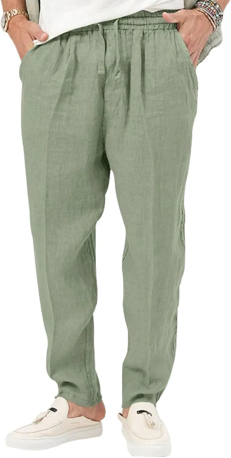 Mens Cotton Linen Pants Drawstring Plus Sizes Casual Classic Lightweight Trendy Solid Pants Outdoor Athletic Trousers