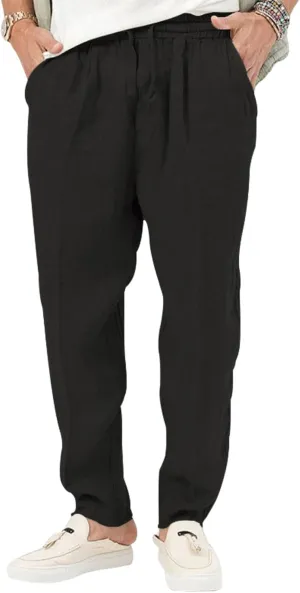 Mens Cotton Linen Pants Drawstring Plus Sizes Casual Classic Lightweight Trendy Solid Pants Outdoor Athletic Trousers