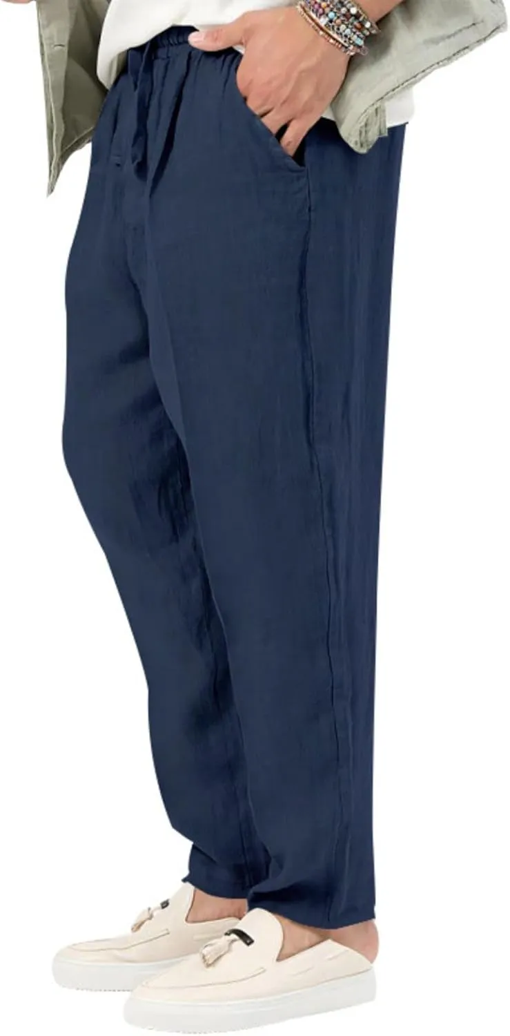 Mens Cotton Linen Pants Drawstring Plus Sizes Casual Classic Lightweight Trendy Solid Pants Outdoor Athletic Trousers