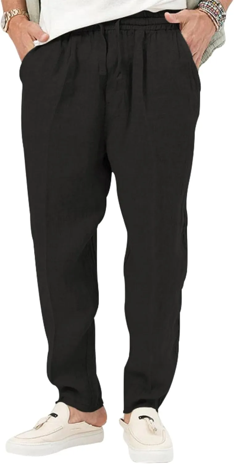 Mens Cotton Linen Pants Drawstring Plus Sizes Casual Classic Lightweight Trendy Solid Pants Outdoor Athletic Trousers