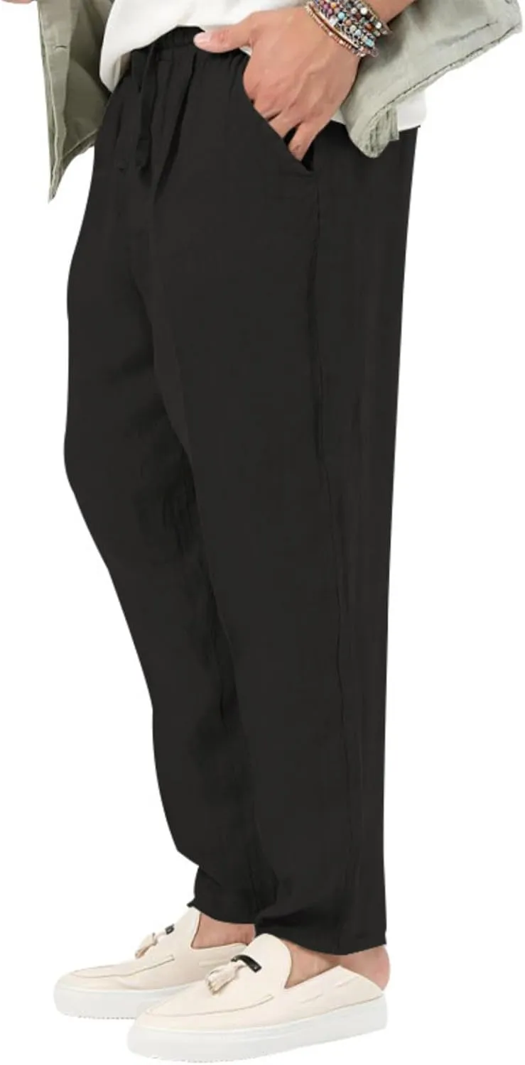 Mens Cotton Linen Pants Drawstring Plus Sizes Casual Classic Lightweight Trendy Solid Pants Outdoor Athletic Trousers