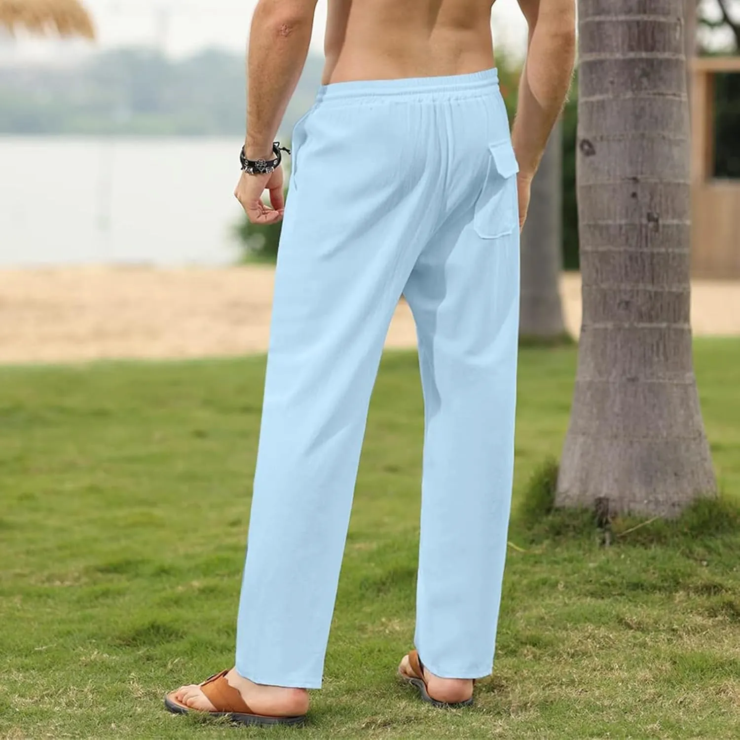 Mens Cotton Linen Pants Elastic Waist Casual Classic Lightweight Slim Fit Solid Sweatpants Outdoor Business Trousers