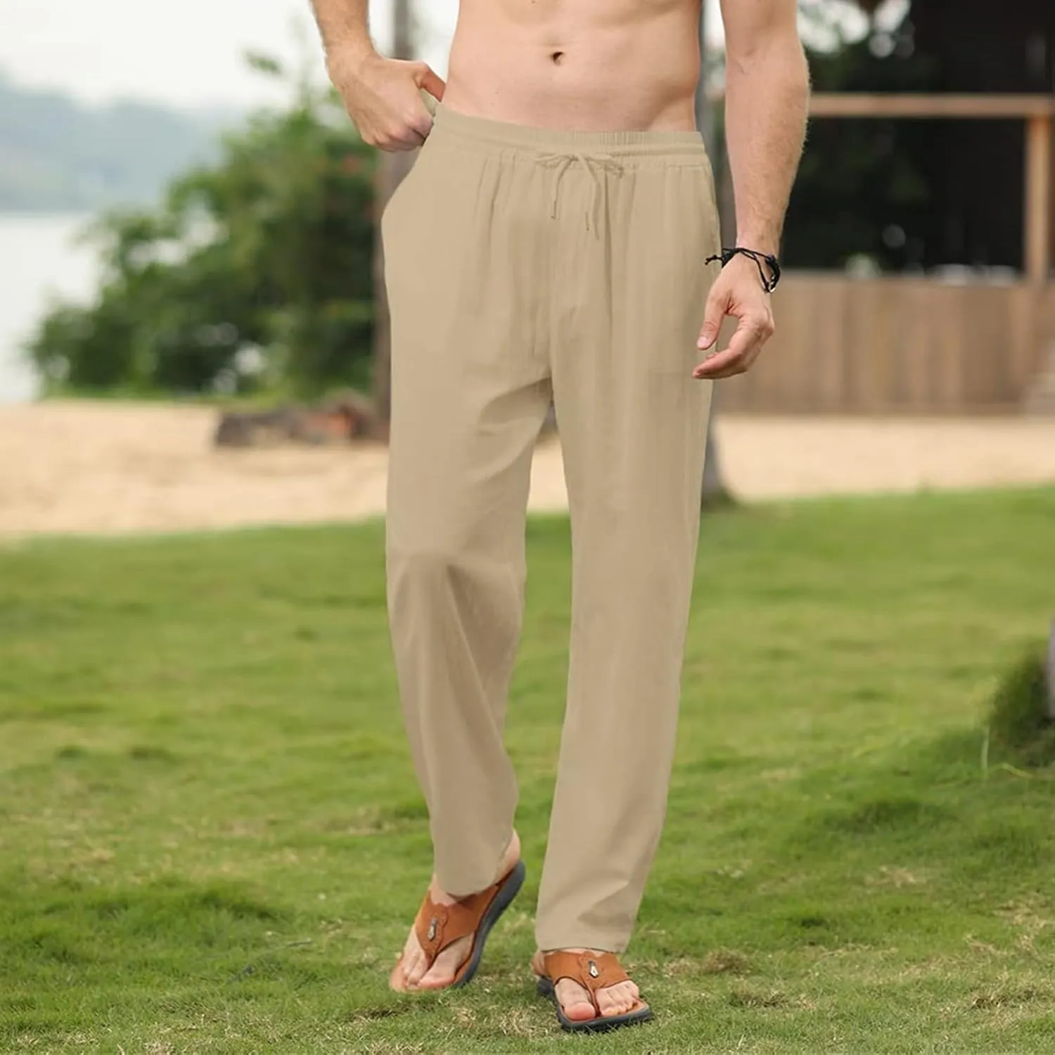 Mens Cotton Linen Pants Elastic Waist Casual Classic Lightweight Slim Fit Solid Sweatpants Outdoor Business Trousers