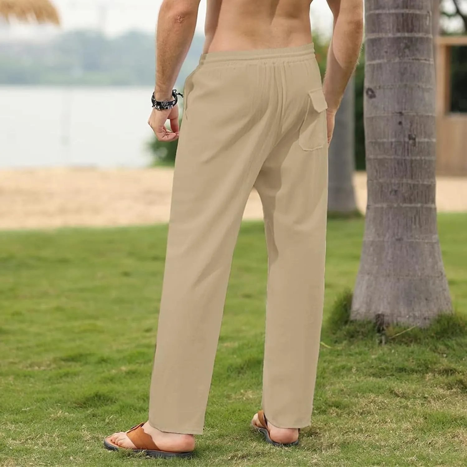 Mens Cotton Linen Pants Elastic Waist Casual Classic Lightweight Slim Fit Solid Sweatpants Outdoor Business Trousers