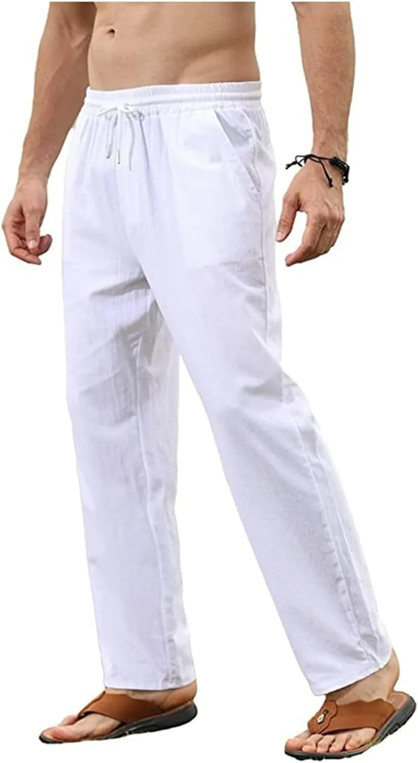 Mens Cotton Linen Pants Elastic Waist Casual Classic Lightweight Slim Fit Solid Sweatpants Outdoor Business Trousers