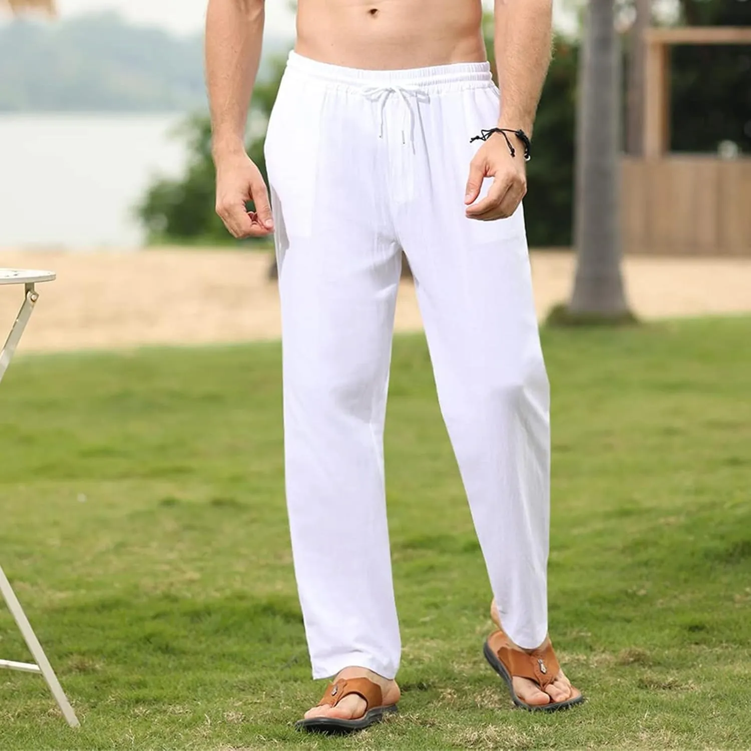 Mens Cotton Linen Pants Elastic Waist Casual Classic Lightweight Slim Fit Solid Sweatpants Outdoor Business Trousers