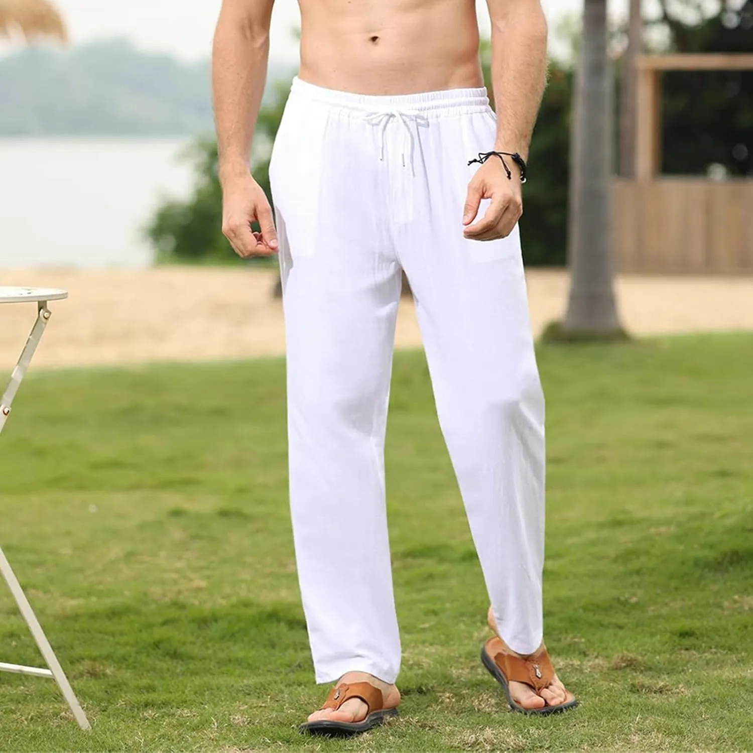 Mens Cotton Linen Pants Elastic Waist Casual Classic Lightweight Slim Fit Solid Sweatpants Outdoor Business Trousers