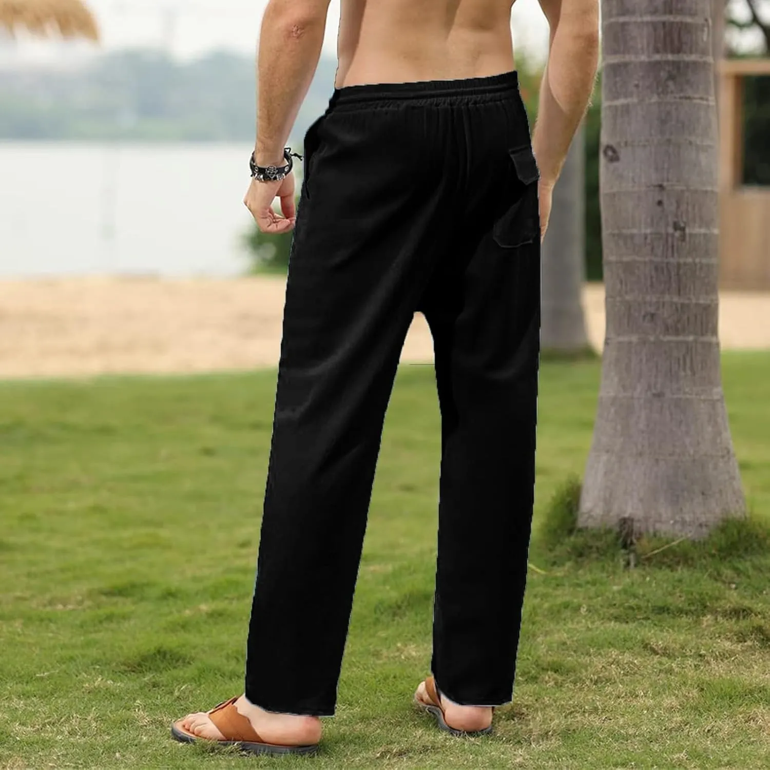 Mens Cotton Linen Pants Elastic Waist Casual Classic Lightweight Slim Fit Solid Sweatpants Outdoor Business Trousers