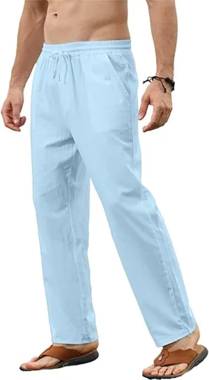 Mens Cotton Linen Pants Elastic Waist Casual Classic Lightweight Slim Fit Solid Sweatpants Outdoor Business Trousers