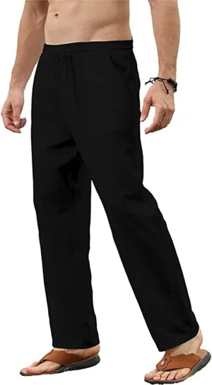 Mens Cotton Linen Pants Elastic Waist Casual Classic Lightweight Slim Fit Solid Sweatpants Outdoor Business Trousers