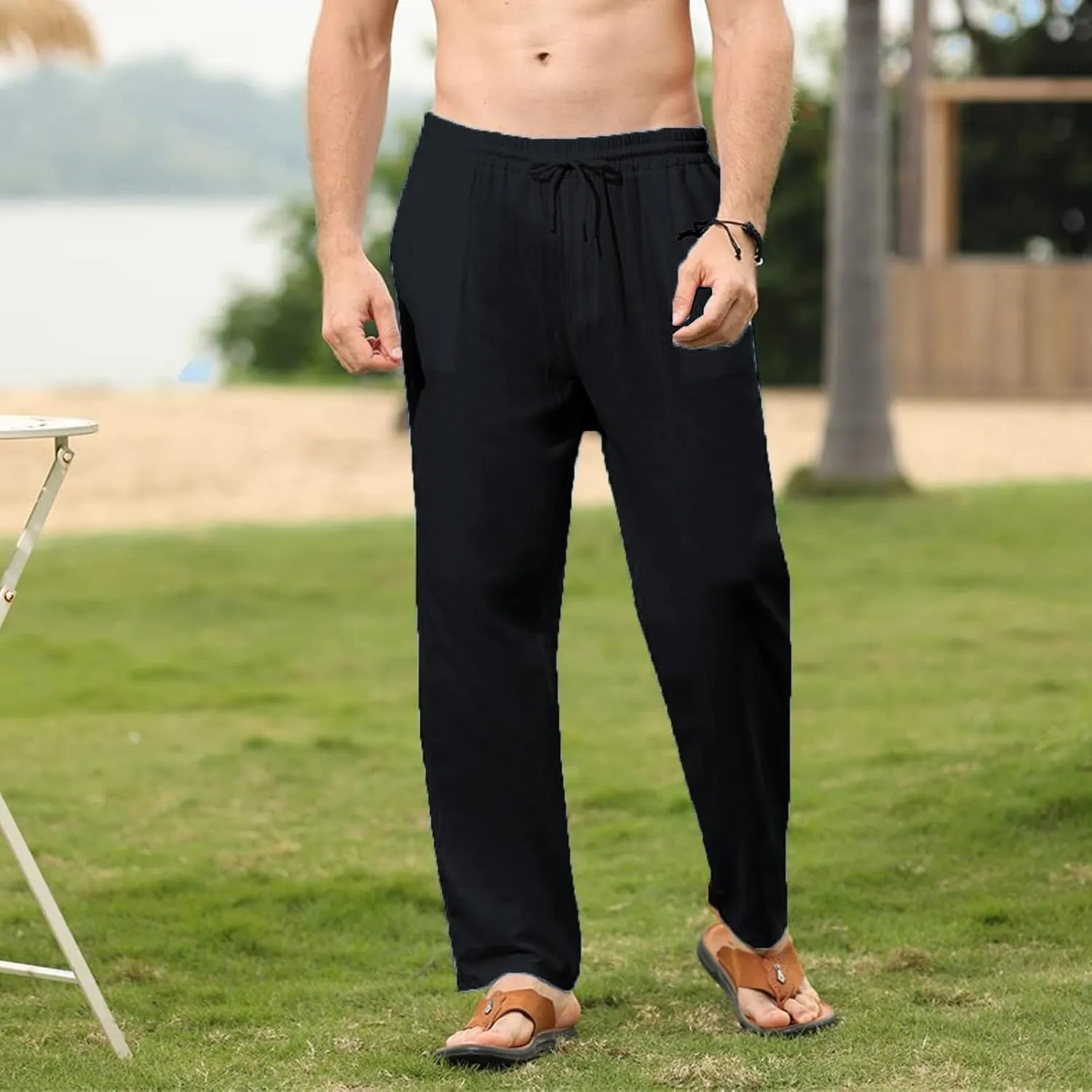 Mens Cotton Linen Pants Elastic Waist Casual Classic Lightweight Slim Fit Solid Sweatpants Outdoor Business Trousers
