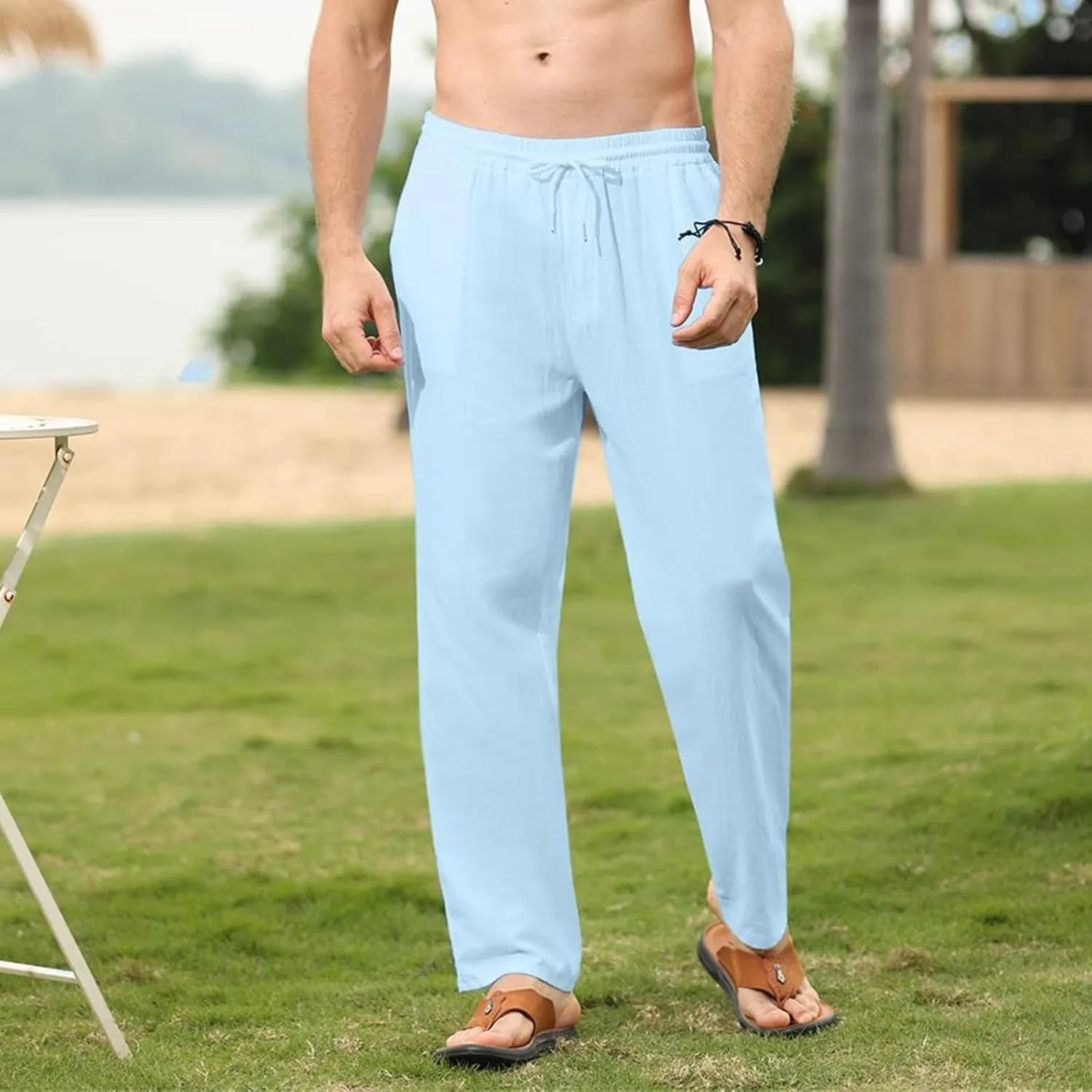 Mens Cotton Linen Pants Elastic Waist Casual Classic Lightweight Slim Fit Solid Sweatpants Outdoor Business Trousers