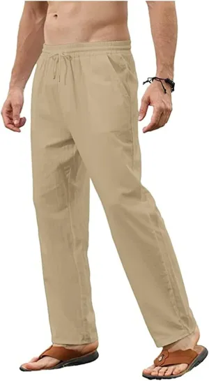Mens Cotton Linen Pants Elastic Waist Casual Classic Lightweight Slim Fit Solid Sweatpants Outdoor Business Trousers