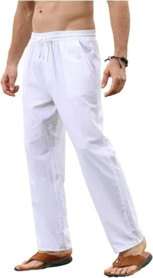 Mens Cotton Linen Pants Elastic Waist Casual Classic Lightweight Slim Fit Solid Sweatpants Outdoor Business Trousers