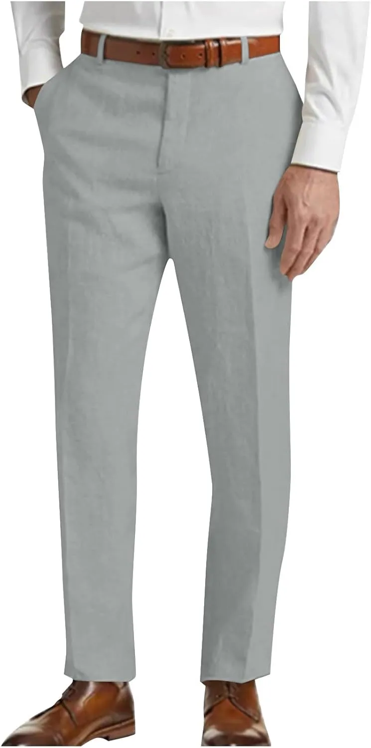 Mens Cotton Linen Suit Pants Classic Fit Casual Business Dress Pant Lightweight Wrinkle Free Stretchy Lounge Trousers