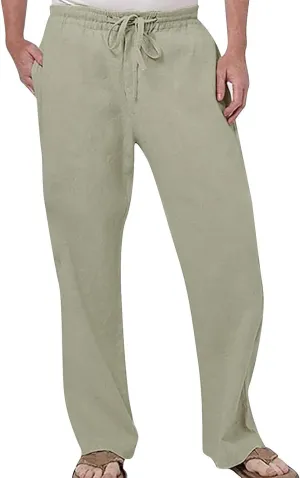Mens Cricket Pants Mens Linen Beach Pants Summer Casual Solid Color Pants Elastic Waist Drawstring Loose Trousers with Pockets Chinos Pants Men