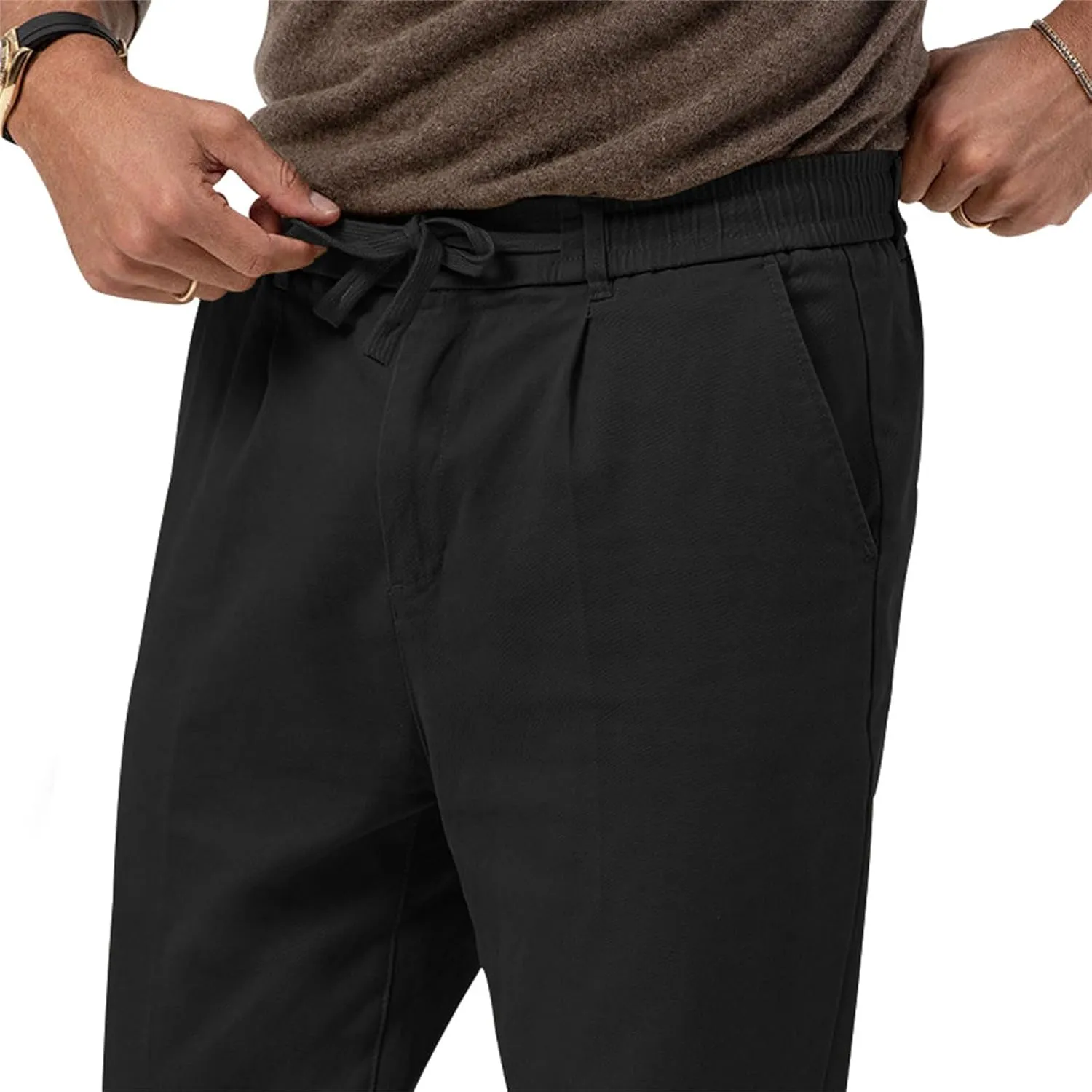 Mens Dress Pants Straight Elastic Waist Casual Lightweight Slim Fit Solid Pants Beach Yoga Business Trousers Pockets