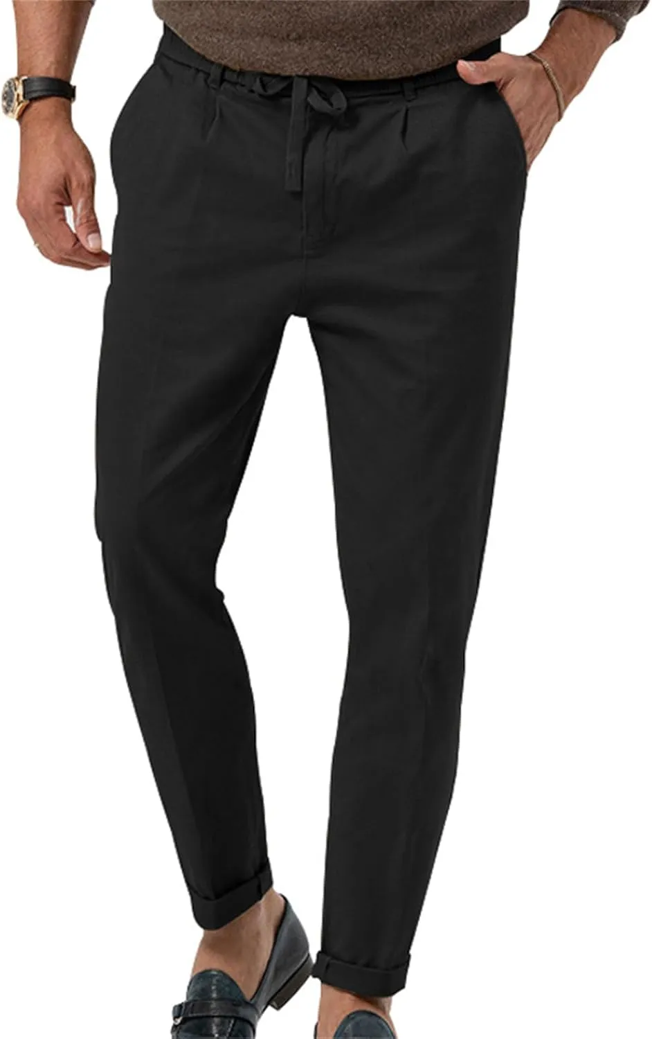 Mens Dress Pants Straight Elastic Waist Casual Lightweight Slim Fit Solid Pants Beach Yoga Business Trousers Pockets