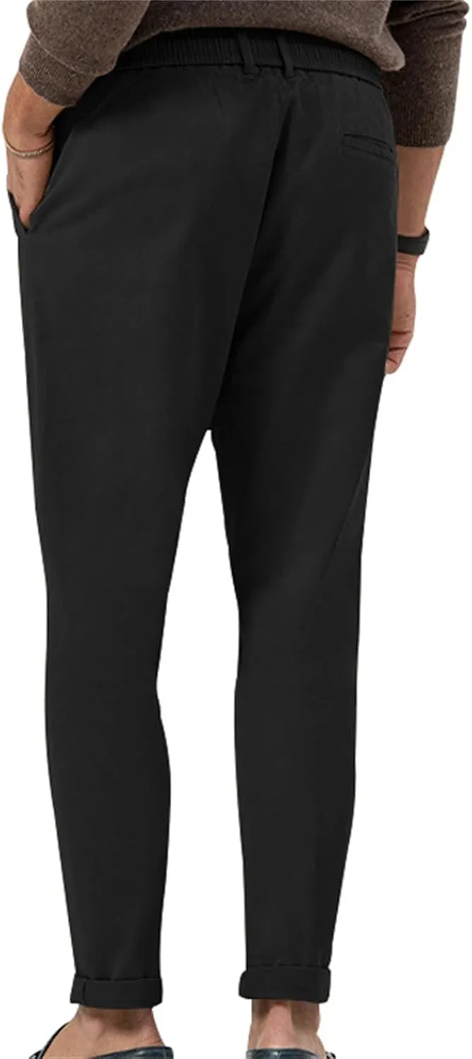 Mens Dress Pants Straight Elastic Waist Casual Lightweight Slim Fit Solid Pants Beach Yoga Business Trousers Pockets