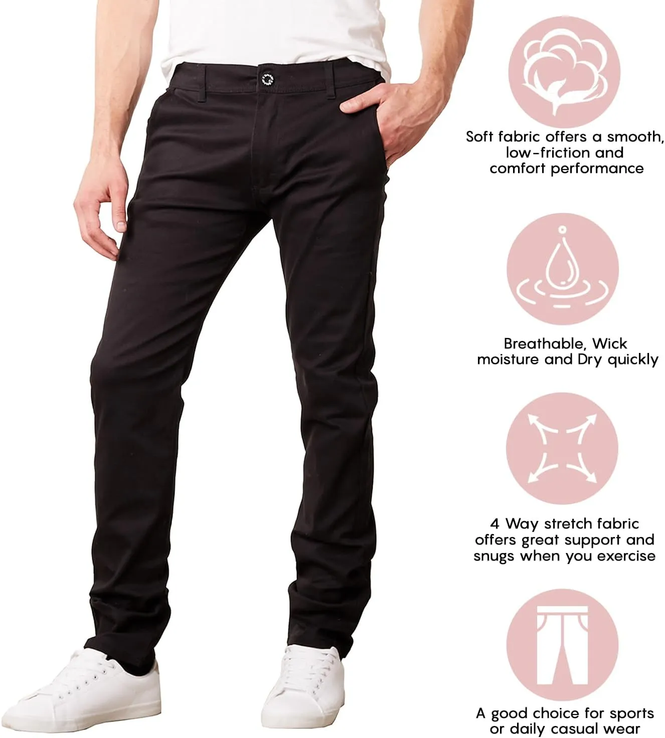 Men's Flex Stretch Slim Fit Chino Pants, Classic Rayon Blend Pants with Multi Pocket 2-Pack